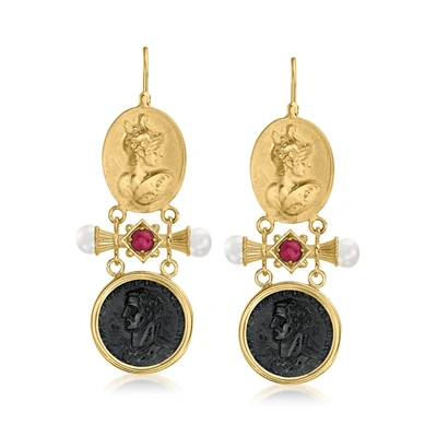 Ross-simons Italian Tagliamonte Black Onyx And . Ruby Drop Earrings With Cultured Pearls In 18kt Gold Over Sterl