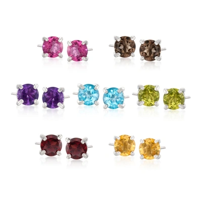 Ross-simons Multi-stone Jewelry Set: 7 Pairs Of Stud Earrings In Sterling Silver