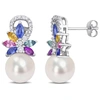 Mimi & Max 9-9.5 Mm Cultured Freshwater Pearl And Multi Sapphire (light Blue, White, Yellow, Pink, Purple & Gre In Multi