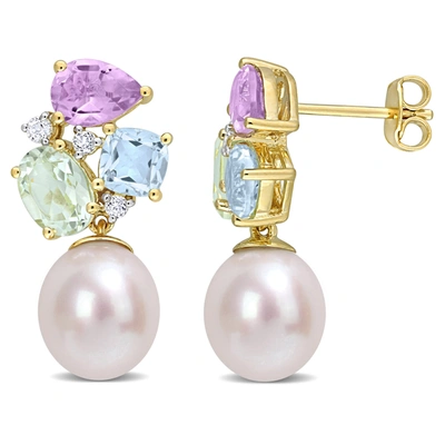 Mimi & Max 9-9.5 Mm Freshwater Cultured Pearl And 4 3/4 Ct Tgw Multi-color Gemstone Drop Earrings In Yellow Pla In Pink