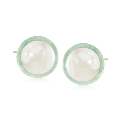 Ross-simons 9.5-10mm Cultured Pearl And Jade Earrings In 14kt Yellow Gold In Green