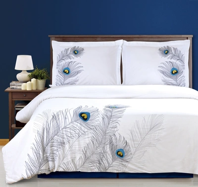 Superior Modern Feather Embroidered Cotton Duvet Cover And Pillow Sham Set In Silver