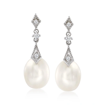 Ross-simons 8mm Cultured Pearl And . Diamond Drop Earrings In 14kt White Gold