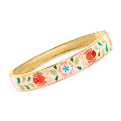 Ross-simons Pink And Multicolored Enamel Floral Bangle Bracelet In 18kt Gold Over Sterling