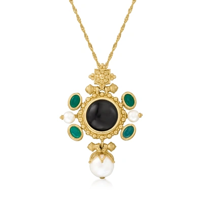 Ross-simons Italian Cultured Pearl, Black Onyx And Green Agate Pendant Necklace In 18kt Gold Over Sterling Silve