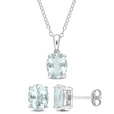 Mimi & Max 4 1/5ct Tgw Oval Aquamarine 2-piece Set Of Pendant With Chain And Earrings In Sterling Silver