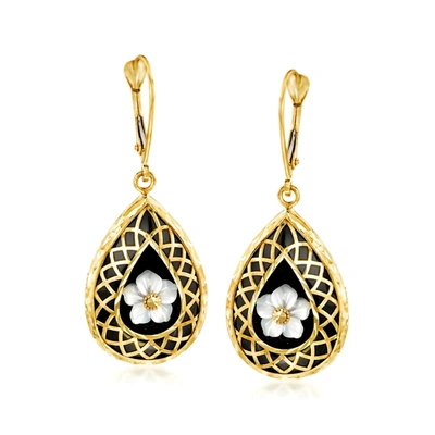 Ross-simons Black Onyx And Mother-of-pearl Flower Overlay Drop Earrings In 14kt Yellow Gold In White