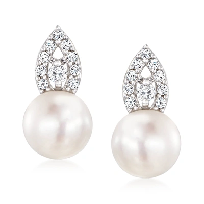 Ross-simons 7.5-8mm Cultured Pearl And . Diamond Drop Earrings In 14kt White Gold In Silver