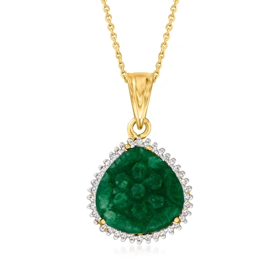 Ross-simons Carved Emerald Pendant Necklace With . White Zircon In 18kt Gold Over Sterling In Green