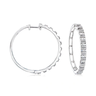 Ross-simons Baguette And Round Diamond Hoop Earrings In 14kt White Gold In Silver