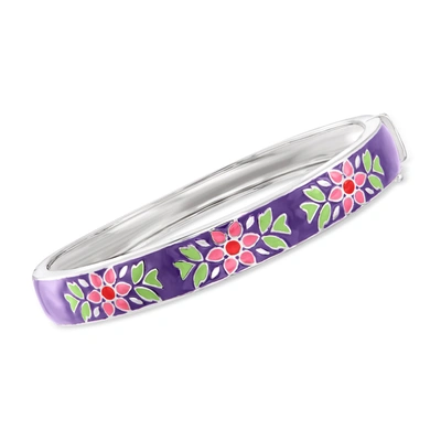 Ross-simons Purple And Multicolored Enamel Floral Bangle Bracelet In Sterling Silver In Red