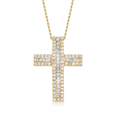 ROSS-SIMONS BAGUETTE AND ROUND DIAMOND CROSS PENDANT NECKLACE IN 18KT GOLD OVER STERLING