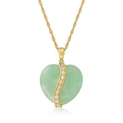 Ross-simons Jade Heart Pendant Necklace With . White Sapphires In 18kt Gold Over Sterling In Green