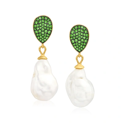 Ross-simons Cultured Baroque Pearl And Tsavorite Drop Earrings In 18kt Gold Over Sterling In Green