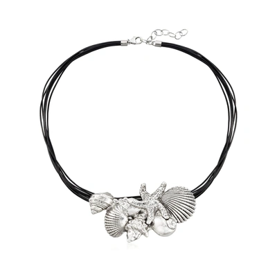 Ross-simons Sterling Silver And Black Leather Starfish And Seashells Necklace