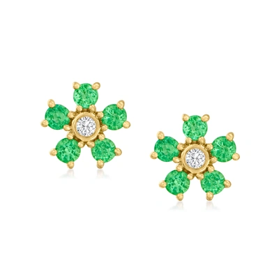 Rs Pure Ross-simons Emerald Flower Earrings With Diamond Accents In 14kt Yellow Gold In Green