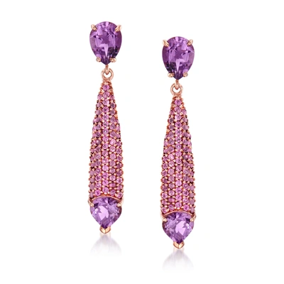 Ross-simons Amethyst And Rhodolite Garnet Drop Earrings In 18kt Rose Gold Over Sterling In Purple