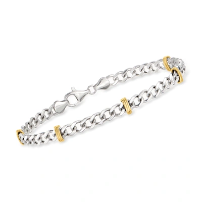 Ross-simons Sterling Silver And 14kt Yellow Gold Curb-link Bracelet In White
