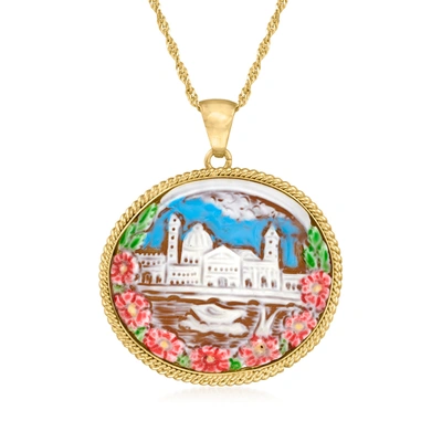 Ross-simons Italian Brown Shell Cameo San Marco Square Pendant Necklace With Multicolored Enamel In 18kt Gold Ov In Pink