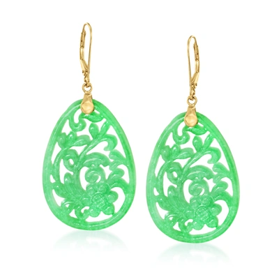 Ross-simons Carved Jade Floral Drop Earrings In 14kt Yellow Gold In Green