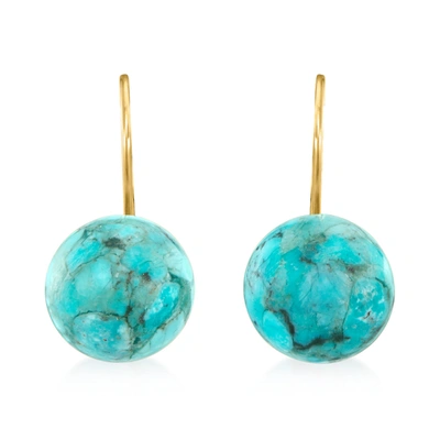 Ross-simons Button Turquoise Drop Earrings In 14kt Yellow Gold In Blue
