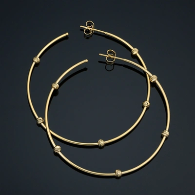 Fremada 14k Yellow Gold Diamond-cut Bead Station Open Hoop Earrings