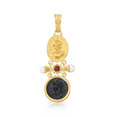 Ross-simons Italian Tagliamonte Black Onyx And . Ruby Cameo Pendant With Cultured Pearls In 18kt Gold Over Sterl