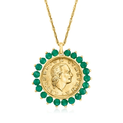 Ross-simons Genuine 200-lira Coin And Green Agate Medallion Pendant Necklace In 18kt Gold Over Sterling