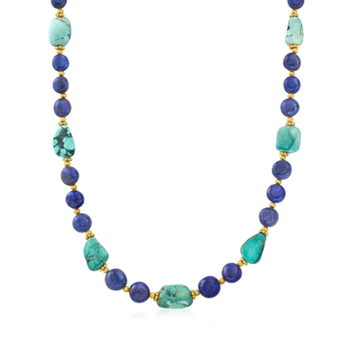 Ross-simons Lapis And Turquoise Bead Necklace With 18kt Gold Over Sterling In Blue