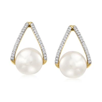 Ross-simons 8-8.5mm Cultured Pearl And . Diamond Drop Earrings In 14kt Yellow Gold In White