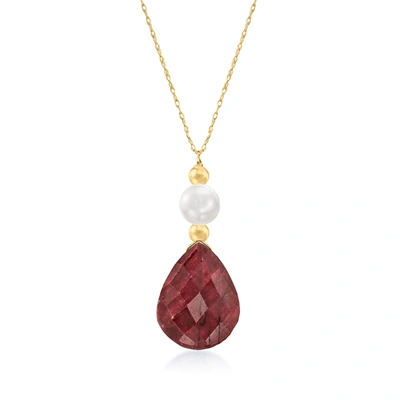 ROSS-SIMONS RUBY AND CULTURED PEARL DROP NECKLACE IN 14KT YELLOW GOLD