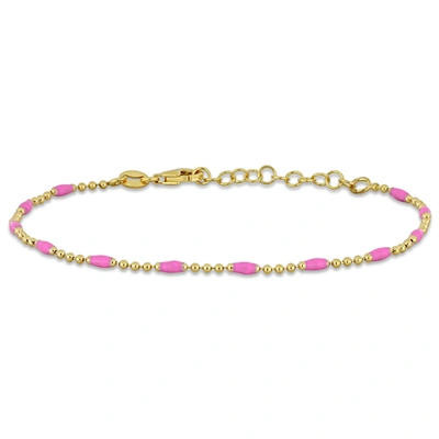 Mimi & Max Pink Enamel 1.5mm Ball Link Bracelet In Sterling Silver - 6.5+1 In.