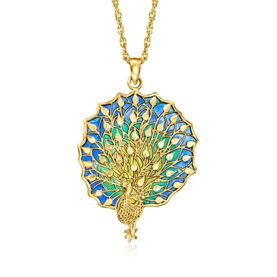 Ross-simons Italian Multicolored Enamel Peacock Pendant Necklace In 18kt Gold Over Sterling In Blue