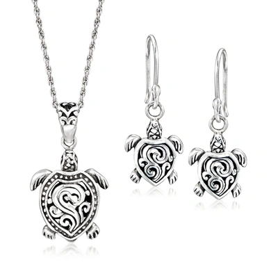 Ross-simons Sterling Silver Turtle Jewelry Set: Necklace And Drop Earrings