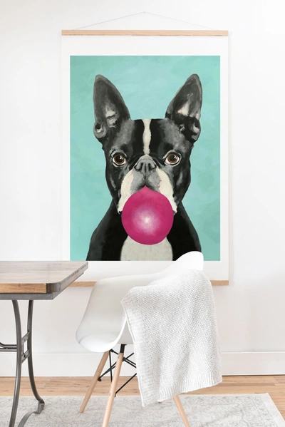 Deny Designs Coco De Paris Boston Terrier Blowing Bubblegum Art Print With Oak Hanger In Blue