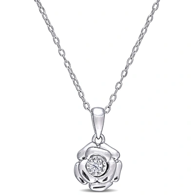 Mimi & Max Diamond Flower Pendant With Chain In Sterling Silver In White