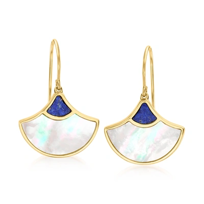 Ross-simons Mother-of-pearl And Lapis Fan Drop Earrings In 18kt Gold Over Sterling In White