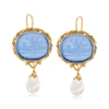 Ross-simons Italian Cultured Pearl And Blue Venetian Glass Intaglio Drop Earrings In 18kt Gold Over Sterling In Blue