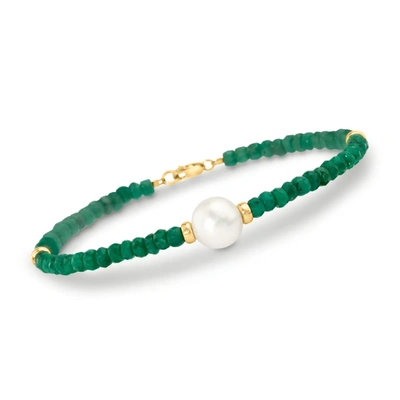Ross-simons Beaded Emerald Bracelet With 10mm Cultured Pearl In 14kt Yellow Gold In Green