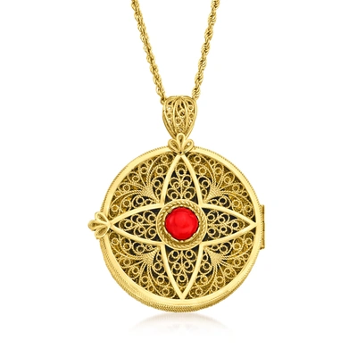 Ross-simons 8mm Coral And Red Mother-of-pearl Watch Medallion Pendant Necklace In 18kt Gold Over Sterling In Yellow