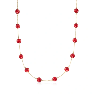 Ross-simons 8mm Red Coral Bead Station Necklace In 14kt Yellow Gold In Multi