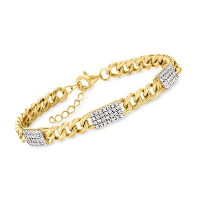 Ross-simons Italian Cz Bar And Curb-link Bracelet In 18kt Gold Over Sterling In Silver