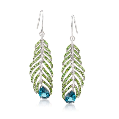 Ross-simons London Blue Topaz And Green Tourmaline Feather Earrings In Sterling Silver