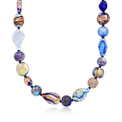 Ross-simons Italian Blue Murano Glass Bead Necklace In 18kt Gold Over Sterling