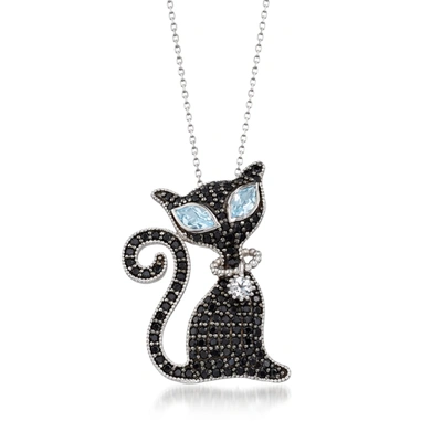 Ross-simons Black Spinel And Blue And White Topaz Cat Pin Pendant Necklace In Sterling In Silver