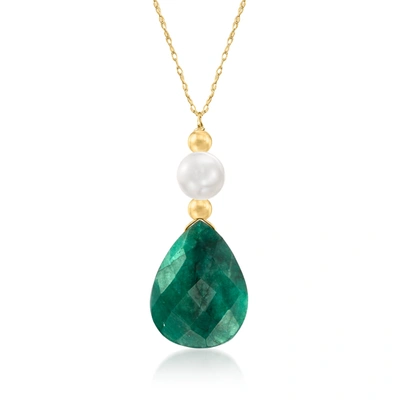 Ross-simons Emerald And Cultured Pearl Necklace In 14kt Yellow Gold In Multi
