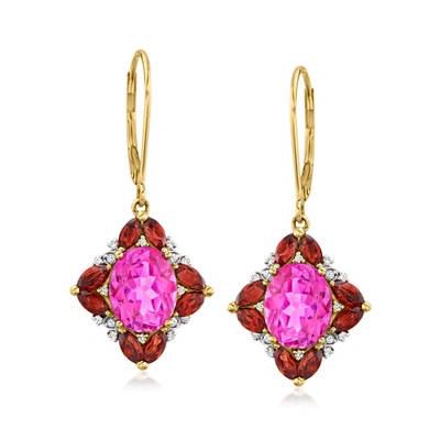 Ross-simons Pink Topaz, Garnet And . Diamond Drop Earrings In 14kt Yellow Gold