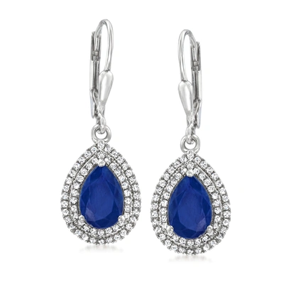 Ross-simons Sapphire And . Diamond Pear-shaped Drop Earrings In 14kt White Gold In Silver