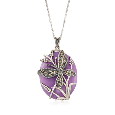 Ross-simons 30x25mm Purple Agate And Marcasite Beaded Butterfly Pendant Necklace In Sterling Silver