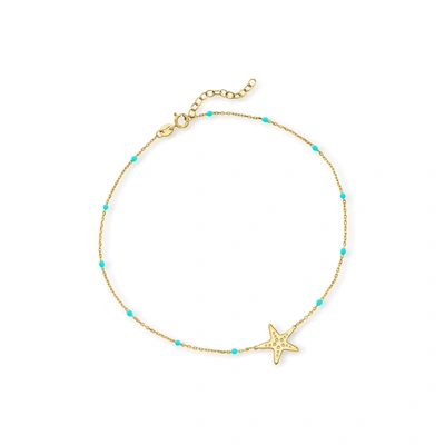 Rs Pure Ross-simons Italian 14kt Yellow Gold Starfish And Blue Enamel Station Anklet